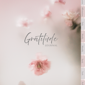 Aesthetic blush pink floral cover of a PDF digital gratitude journal with hyperlinked tabs for navigation.