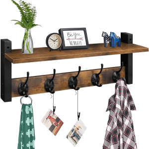 Amazon affiliate product of wooden coat rack with black hooks and shelf.