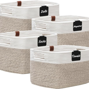 Amazon affiliate product image of cotton rope storage baskets with labels.